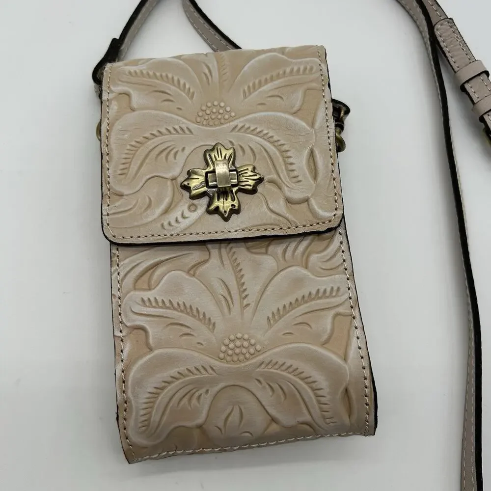 Patricia Nash Phone Crossbody Bag Case Brown Tooled leather Cream Nude Sand